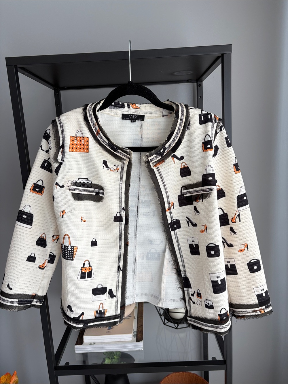 226 Cream Print Tweed Jacket with Bag & Shoe Motif